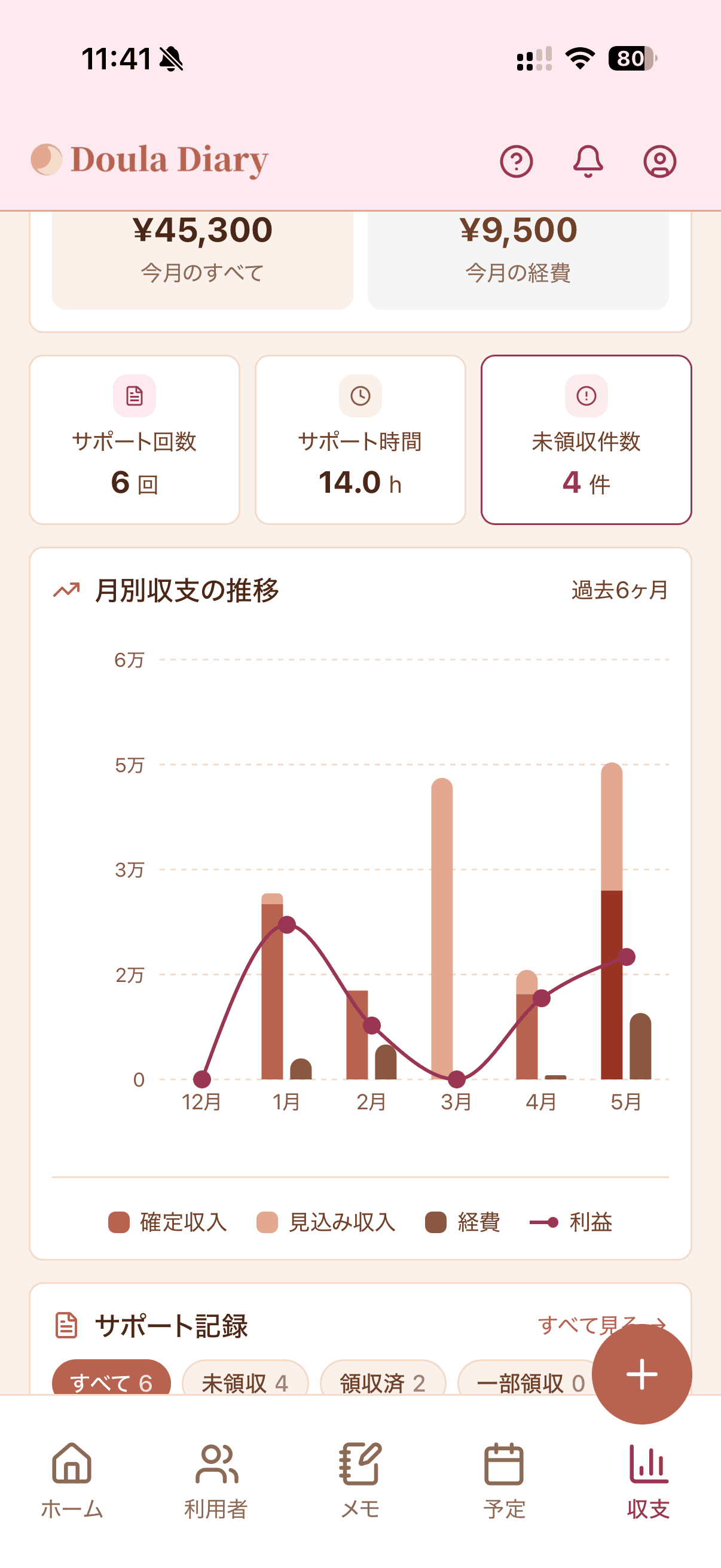月の収支ページ